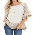 thumbnail image 3 of Blouse Femme à Manches 3/4, Unie, Ourlet Floral, Imprimé Léopard, Haut Ample, 3 of 6