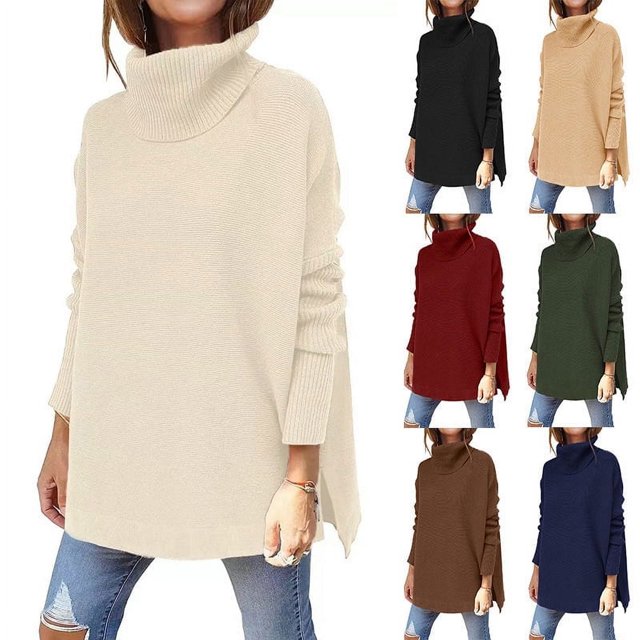MesaSe Femmes Col Roulé Pulls Oversize 2034 Automne Longue Manche Chauve-Souris Renversé Ourlet Tunique Pull Pull Tricot Tops