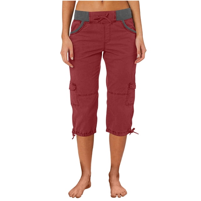 Diufon Women's Cotton Cargo Pants Pockets Color Block 3/4 Sweatpants Elastic Waist Drawstring Lounge Pants