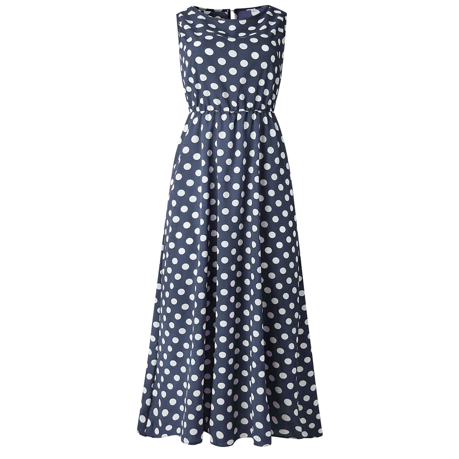 Robe Maxi 2025 pour Femmes Robe en Tricot Col Rond à Pois Imprimés Magasinage Robes pour Femmes Sans Manches Ligne A Plissée Robes Maxi pour Femmes Été Ample Froncée Fluide Décontractée Robe Débardeur