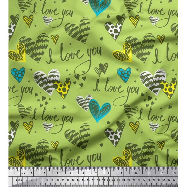 Soimoi Green Poly Georgette Fabric Heart & I Love You Text Print Fabric by Yard 42 Inch Wide