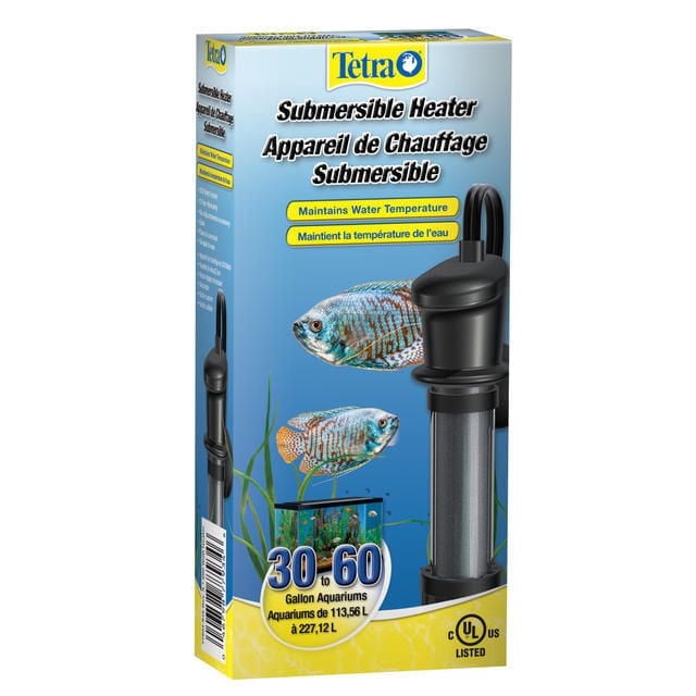 Tetra Chauffe-aquarium Submersible 30-60 Gallons dans un Emballage de Vente au Détail Montrant un Chauffe-Eau Submersible Cylindrique Noir avec Boîtier Protecteur et Cordon d'Alimentation, Conçu pour Maintenir la Température de l'Eau Automatiquement pour les aquariums de Poissons Tropicaux de 30 à 60 Gallons, avec Texte Bilingue Anglais et Français et des images de Poissons Tropicaux sur Fond Bleu.
