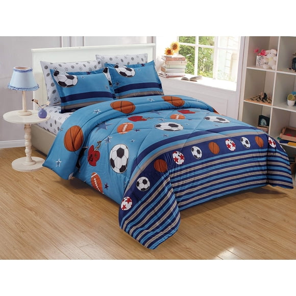 Chezmoi Collection 4-Piece Kids/Teens Mini Bed in a Bag - Soft Microfiber Navy Blue Black Orange Red White Basketball Football Soccer, Sports Comforter Set with Fitted Sheet Twin Size