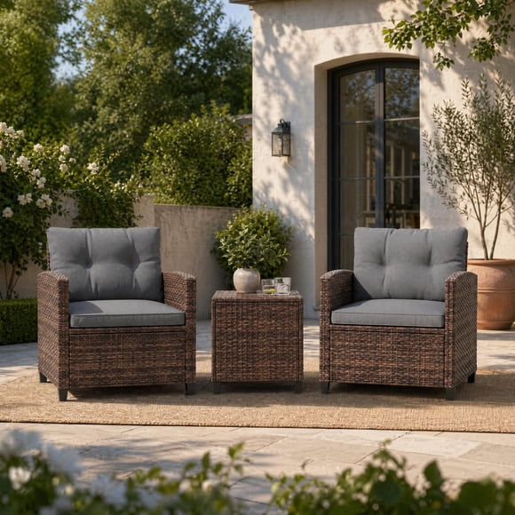 CazToi 3 Piece Patio Furniture Set Outdoor Wicker Bistro Set All Weather PE Rattan Balcony Conversation Chairs with Cushions