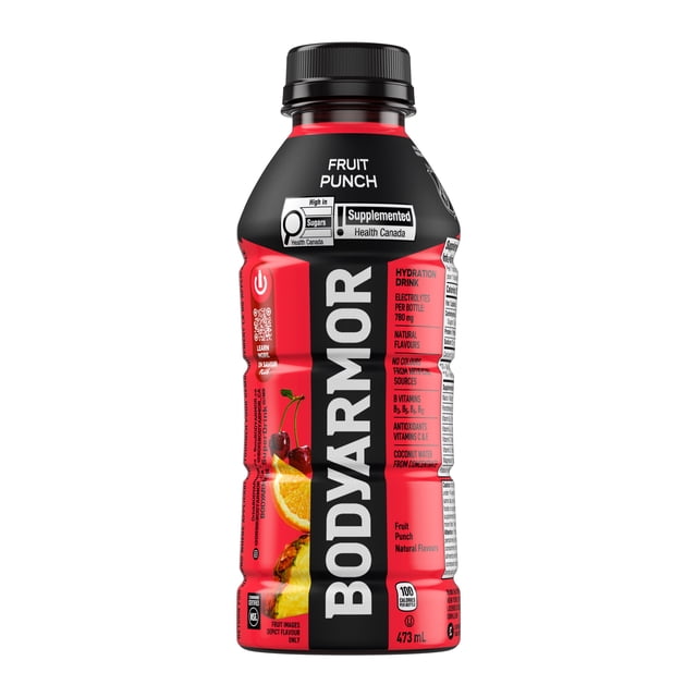 BodyArmor SuperDrink Fruit Punch Bottle, 473 mL, front view with red and black label showing hydration drink details including natural fruit punch flavour, electrolytes, vitamins B3, B5, B6, B12, coconut water from concentrate, no artificial colours, and high sugar content, ideal for rehydration after physical activity.