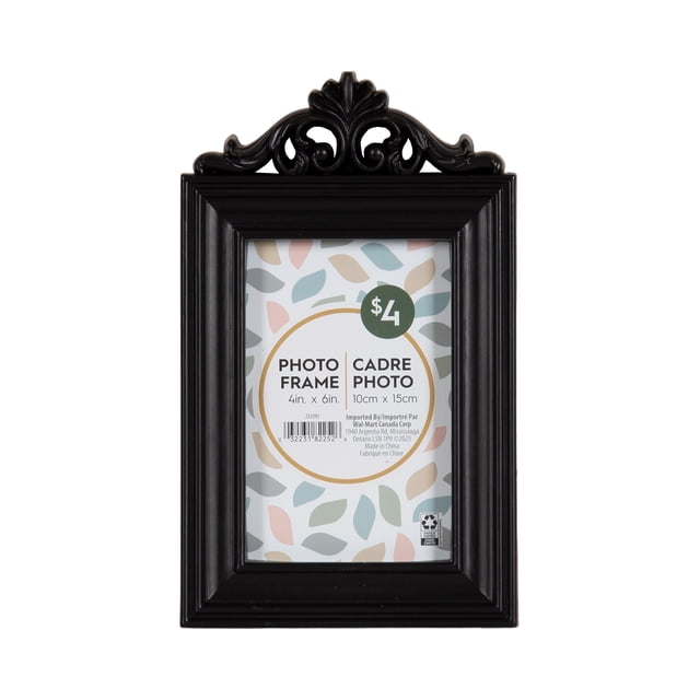Cantua 4x6 Black Decorative Tabletop Picture Frame with ornate carved detailing and black vintage finish, holding a 4 by 6 inch photo, suitable for tabletop or wall display in home décor, also ideal for gifting cherished images.