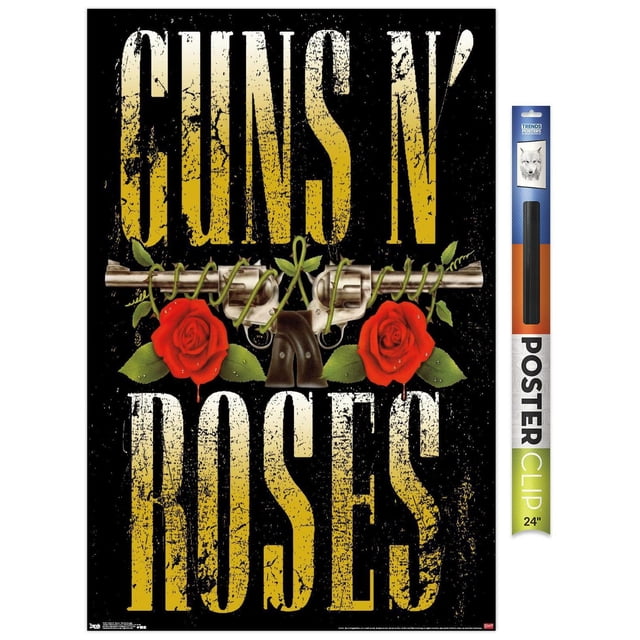 Guns N' Roses - Stacked Logo Wall Poster, 22.375" x 34" featuring distressed yellow stacked text on black background with two crossed silver revolvers wrapped in green vines and flanked by red roses, printed on glossy paper with included clips for easy, damage-free hanging, suitable for bedroom or office décor.