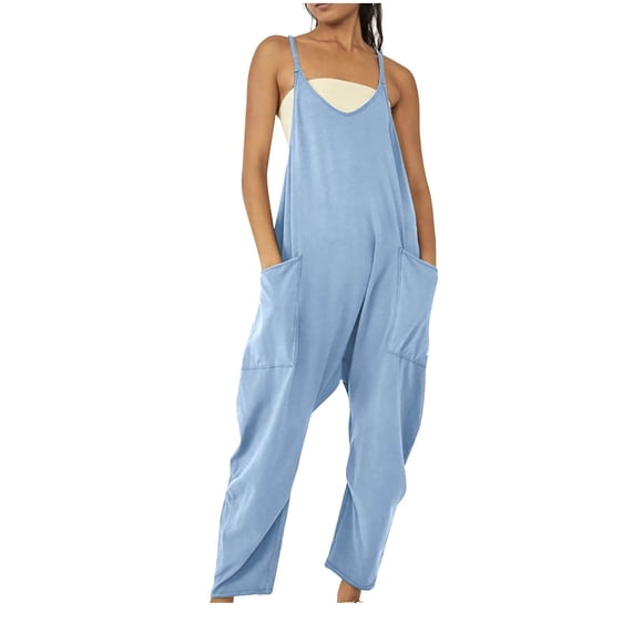 Dvkptbk Womens Overalls Fashion V-Neck Sleeveless Loose Overalls Causal Solid Color Baggy Back Pants With Pocket