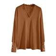 thumbnail image 4 of WUANDIXFA Lightweight Sweaters for Women Solid Color V Neck Lace Stitching Buttons Long Sleeves Sweater Brown,S, 4 of 5