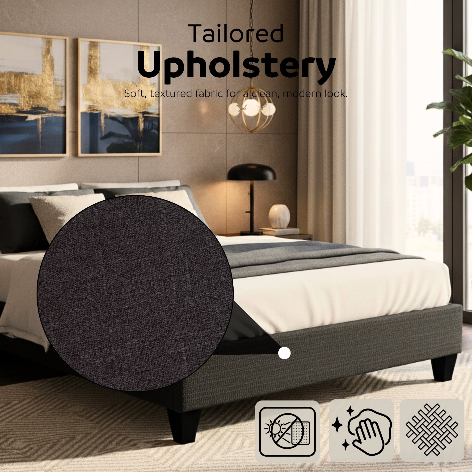 PRIMO Carter Upholstered Platform Bed Frame – Twin Size, Dark Grey Linen Look Fabric, No Box Spring Required, Durable Wood Slats – Bedroom Foundation