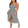 thumbnail image 4 of Femmes Robe Bustier hors-Épaule Sans Manches Froncées Taille Haute Slit Robe avec Ourlet Recadré Robe de Bal Gris L, 4 of 7