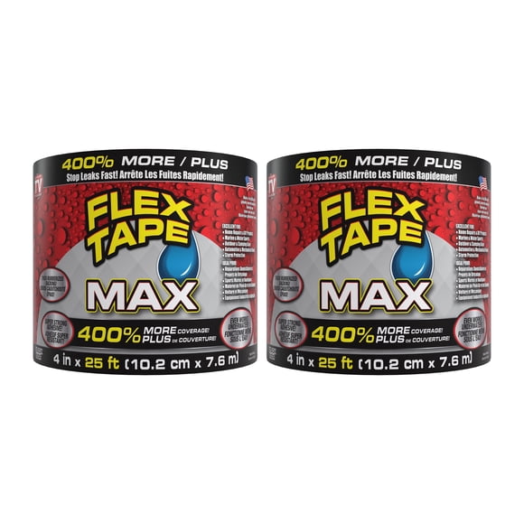 Flex Tape MAX - Ruban Caoutchouté Résistant et Imperméable; Arrête Instantanément les Fuites; Idéal pour les Réparations à la Maison, la Plomberie, l'Équipement Extérieur, les Projets de Bricolage, les Réparations Automobiles, Noir, 4 Po x 5 Pieds (10,2 cm x 1,52 m) - Lot de 2