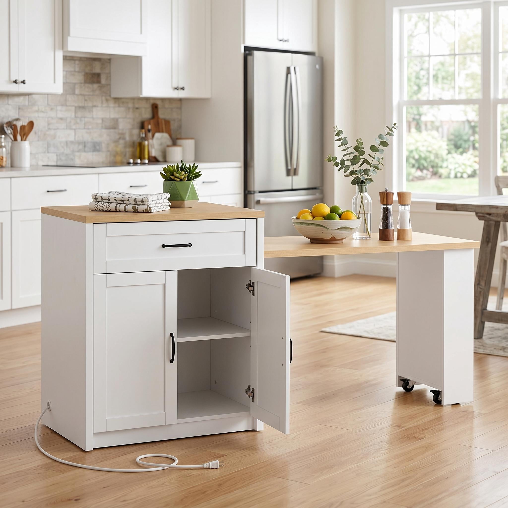 Îlot de cuisine Homy Casa avec table extensible, rangement, prises, blanc, 210 cm