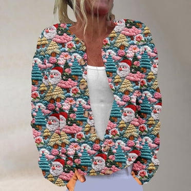 Jsaierl Chandails Laids de Noël pour Femmes, Mignon Chandail à Imprimé d'Arbre de Noël, Cardigan à Manches Longues Boutonné, Manteaux en Tricot d'Automne et d'Hiver