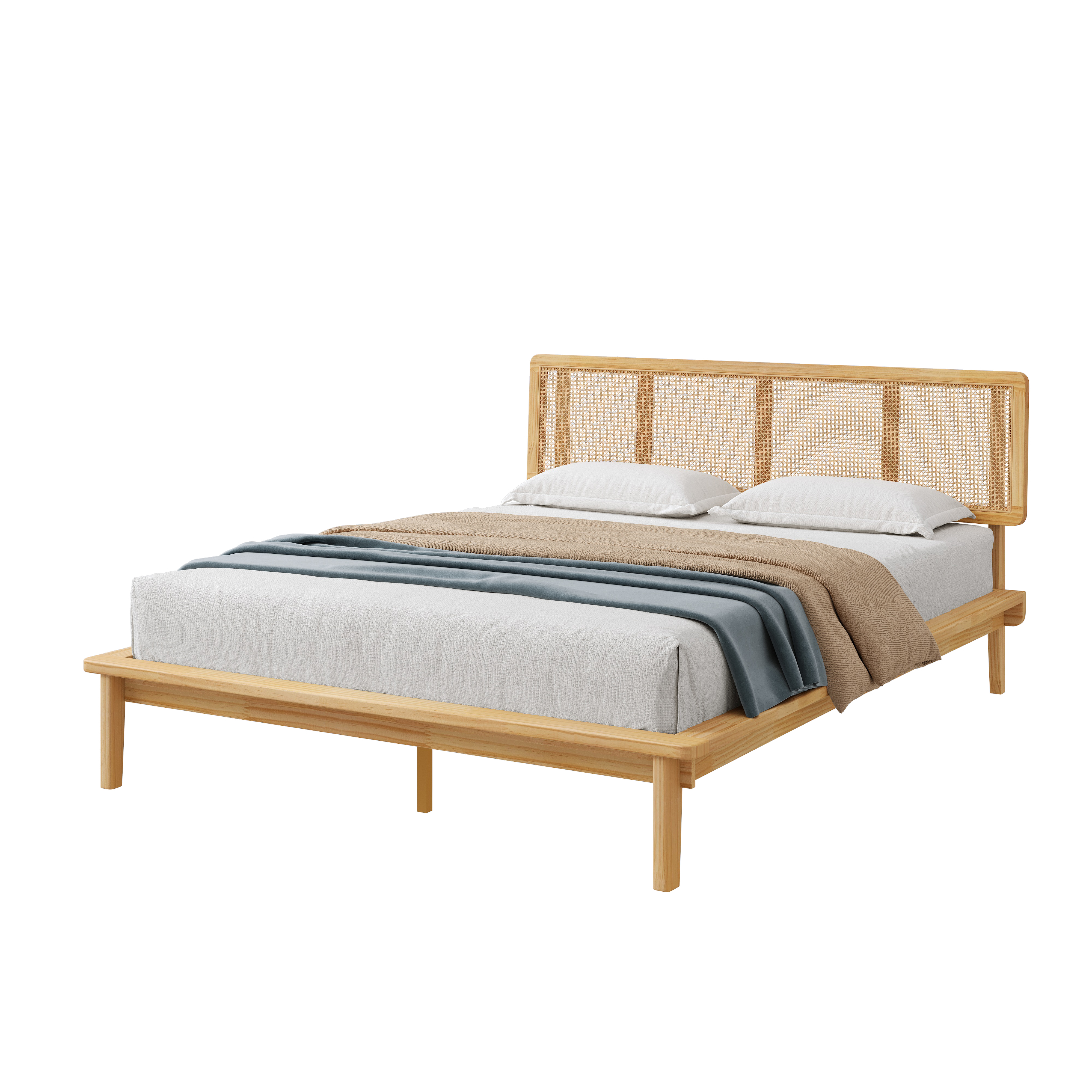 Noble House Modern Rattan Platform Bed,Cane Headboard & Footboard with Natural Woven Panels,Mid-Century Bed Frame,Walnut