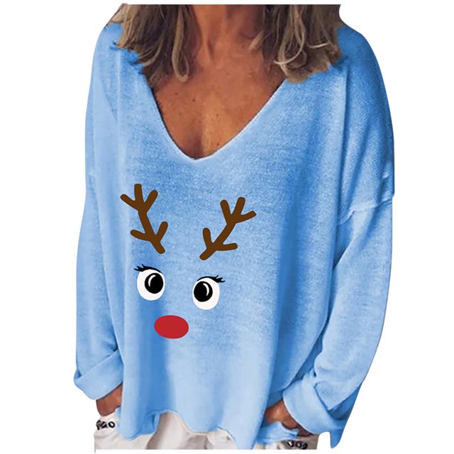Mode Femme Décontractée Imprimé Col en V Ample Manches Longues T-shirt Haut Blouse Chandail