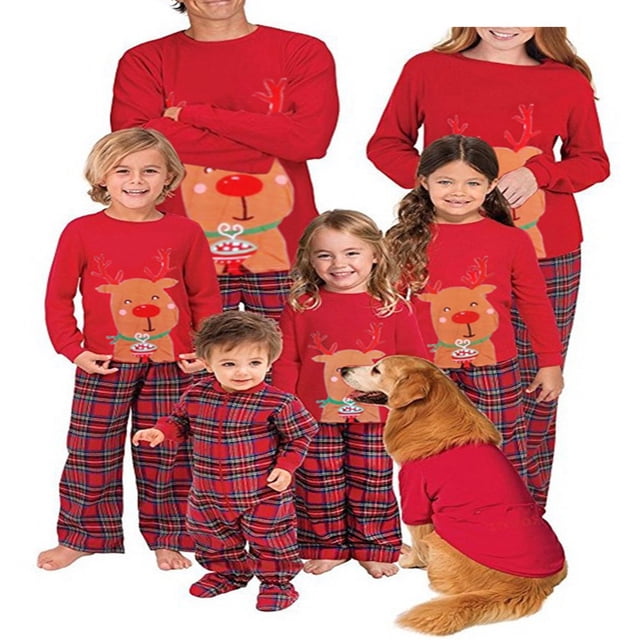 Christmas Family Matching Pyjamas Sets Reindeer Pattern Long Sleeve Tops+Plaid Pants Sleepwear Loungewear