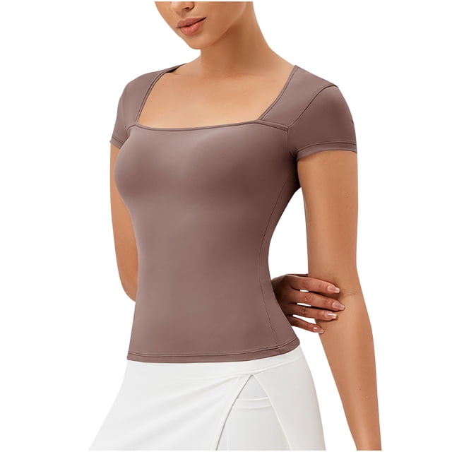 Plebaso T-shirt à Encolure Carrée à Manches Courtes pour Femmes, Décontracté, Couleur Unie, Coupe Ajustée, T-Shirt Mode 2025 pour Sorties
