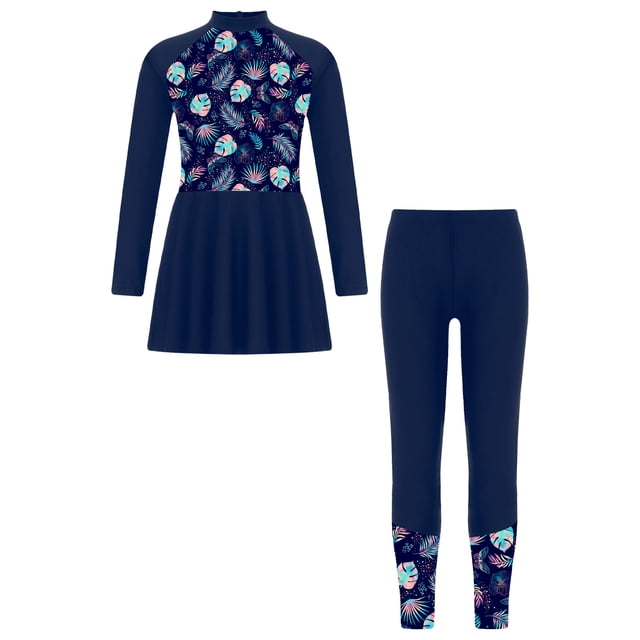 RUNQHUI Kids Swim Dress with Pants Legging Set for Pool Beach Surfing Bathing Suit Rashguard UPF 50+ Navy Blue 6