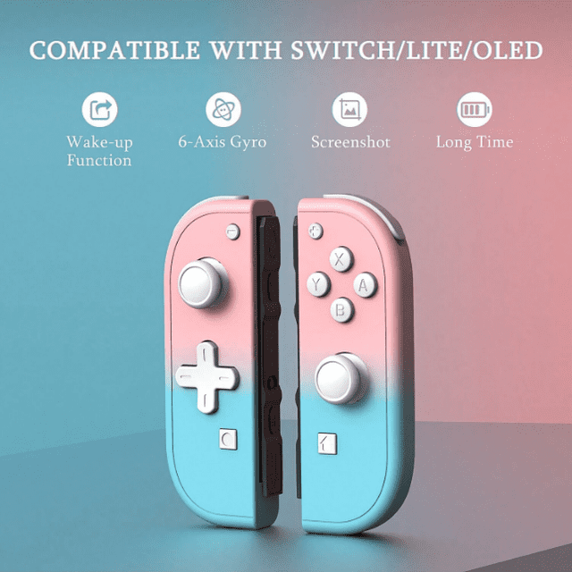 Nintendo Switch Joy-Con Paire en Rose et Bleu, avec Double vibration, Fonction de Réveil et Contrôle des Mouvements. Ces Manettes de Rechange Améliorées Sont Compatibles avec les Modèles Switch, Switch Lite et OLED. Conçues avec un Gyroscope à 6 Axes pour une Détection Précise des Mouvements, un joystick Haute Précision et un Retour tactile Immersif. les Manettes Peuvent Être Utilisées comme une Unité Ou Séparément pour un Jeu Polyvalent. Matériau ABS Léger Assure le Confort Lors d'Une Utilisation Prolongée, et la Connectivité Sans Fil Offre jusqu'à 20 Heures de Jeu