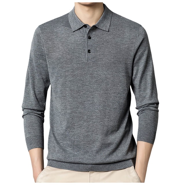 Chandail Tricoté Mince à Manches Longues pour Homme à Col Chemise Uni - Couche de Base Ajustée en Polyester Spandex