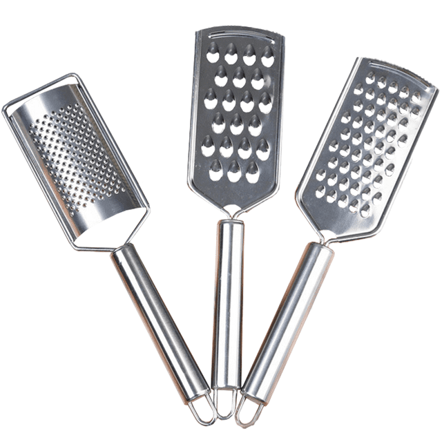 Stainless Steel Cheese Grater Set, Set of 3 Kitchen Grater, Lemon Zester for Vegetable, Fruit, Chocolate. Includes coarse, medium, and fine shred graters with ergonomic round handles and hanging holes. Durable stainless steel construction with rust-resistant finish. Ideal kitchen gadgets for grating cheese, cabbage, carrots, zucchini, and zesting lemons or chocolate. Dishwasher safe and easy to clean with an enclosed brush.
