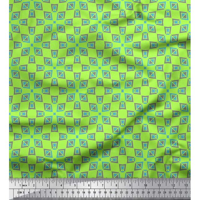 Soimoi Green polyester Crepe Fabric Square & Triangle Geometric Decor Fabric Printed Yard 42 Inch Wide