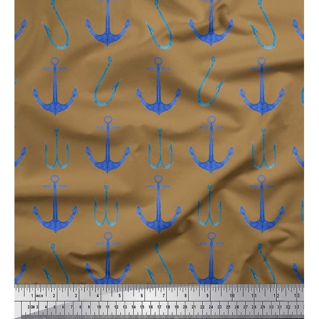 Soimoi Brown Poly Georgette Fabric Anchor Hook Nautical Decor Fabric Printed Yard 42 Inch Wide