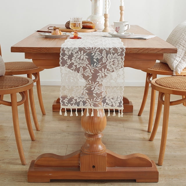 Birdeem White Lace Table Runner with Tassels,Decorative Table Cover for Dining Table,Sideboard,and Cabinet