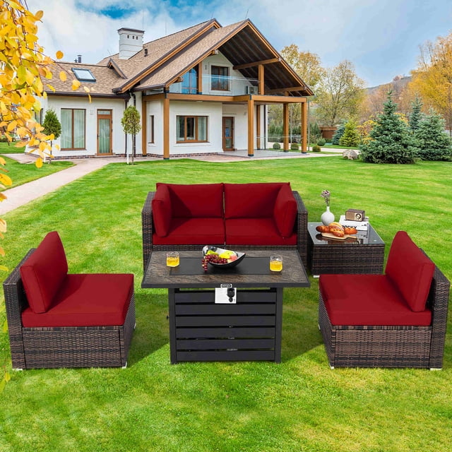 Costway 6PCS Patio Rattan Furniture Set 42" Fire Pit Table Cover Sofa Cushion Red