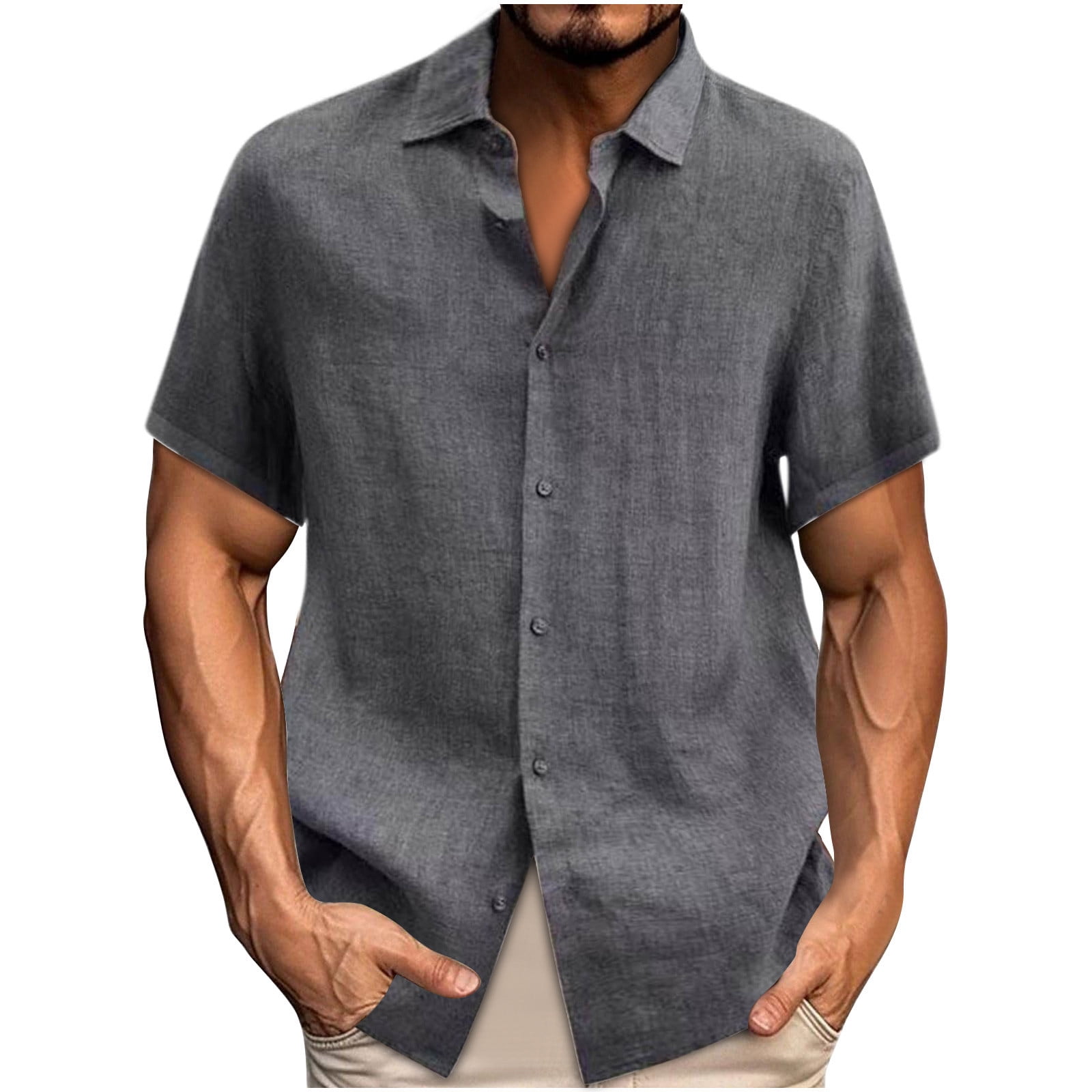 cfhntfmh Mens Button down Shirts Solid Summer Beach Vacation Tops Cotton Linen Short Sleeve Shirts