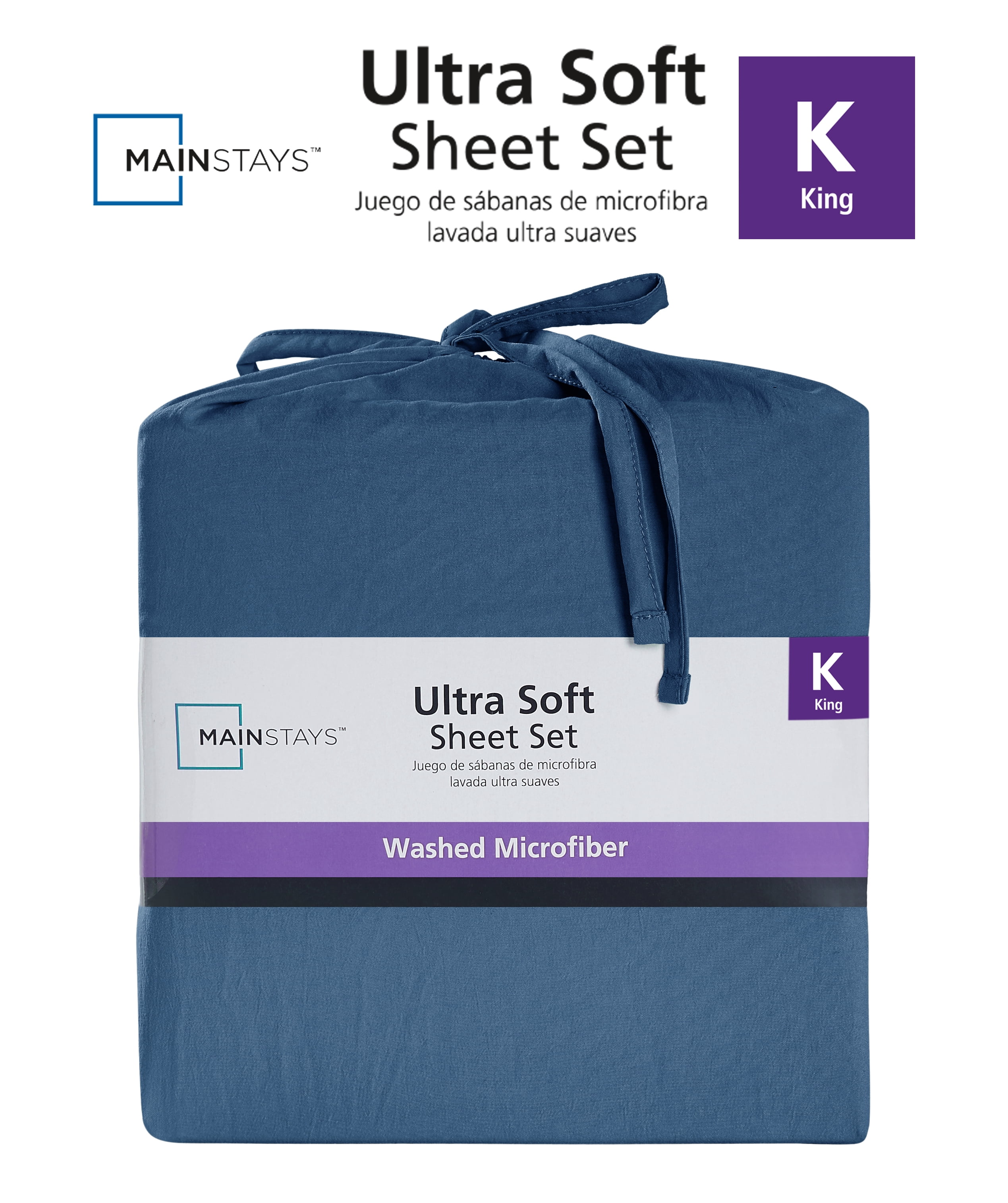 Mainstays Ensemble de draps en microfibre lavée ultra douce, Tres Grand Lit, Indigo Lavé, 4 pièces.