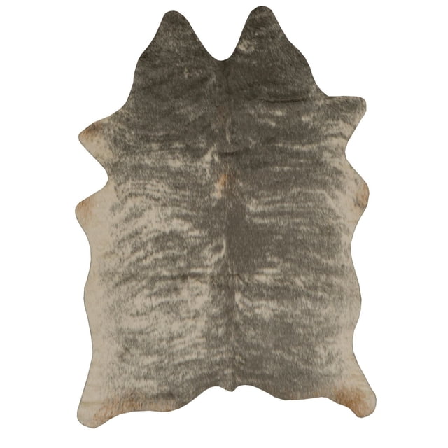 Faux Cowhide Mini Grey Mix Accent Rug with a natural hide shape featuring a grey and cream brindle pattern, made of short hair-like polyester on a faux suede backing for easy care, suitable for small spaces and various décor styles.