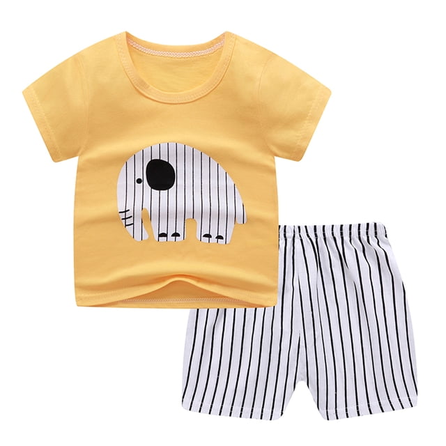 Toddler Boys Cartoon Print Pattern Short Sleeve Clothes Summer Two-piece Suit, including a yellow short-sleeve top with an elephant graphic and striped white shorts. Ideal casual toddler outfit made from cotton and polyester, suitable for ages 1-5 years.