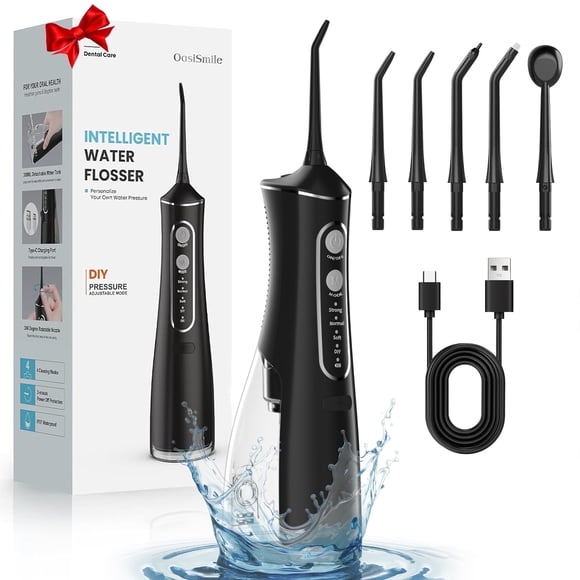 OasiSmile Hydropulseur pour le Nettoyage des Dents et la Soie Dentaire, Hydropulseurs Portatifs Sans Fil, Irrigateur Buccal Rechargeable 300 ml avec 5 Embouts Jet pour la Maison, le Voyage et le Bureau, Noir