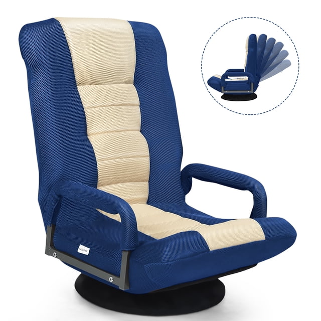 Giantex Reclining Folding Gaming Chair in blue and beige, featuring a 5-position adjustable backrest, dual armrests, and a 360-degree swivel round base. The chair is padded with thick sponge and covered in breathable mesh fabric for comfort. It is designed with a sturdy steel frame and spring support, holding up to 330 lbs. The chair is fully foldable for easy storage and comes with a removable, washable base cover to protect floors. Ideal for gaming, reading, or lounging.