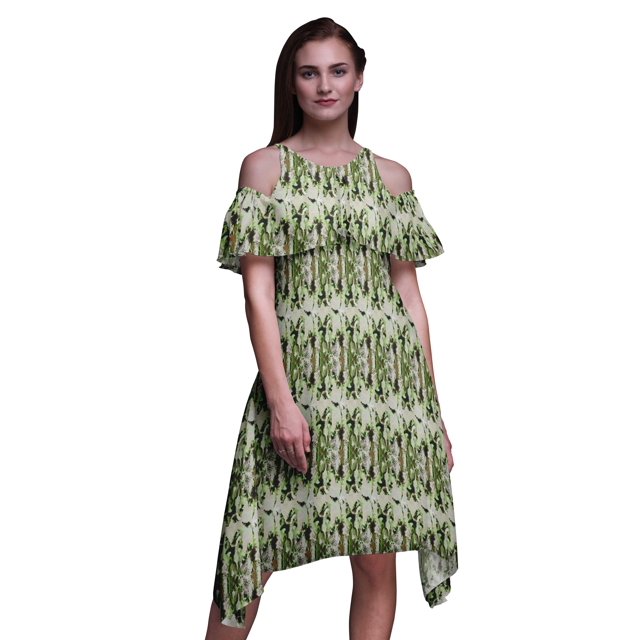 Bimba Green Tie-Dye Printed Womens Ruffle Front Cold Shoulder Swing Shift Dress - Medium