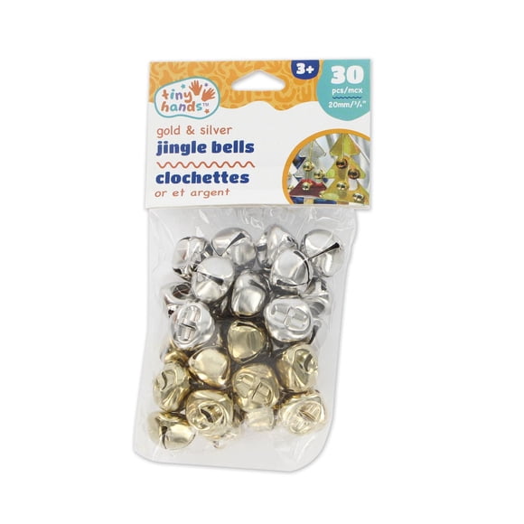 TINY HANDS Gold & Silver Jingle Bells, 30-Pack, 20 mm (0.79 in), Kids’ Christmas Crafts, Ages 3+