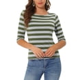 thumbnail image 1 of INSPIRE CHIC T-Shirts à Rayures pour Femmes de Rentrée Scolaire Coupe Ajustée Manches au Coude Col Bateau T-Shirt TG Vert Armée Gris, 1 of 7