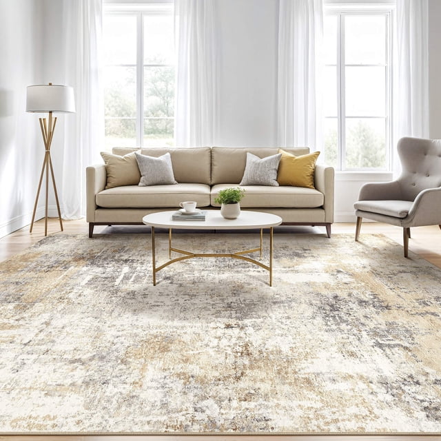 UERMEI 8'x10' Washable Area Rugs for Living Room, Modern Abstract printed grey and gold low-pile rug, centered front-facing view showing an irregular painterly pattern, soft textured pile and reinforced stitched edges; flat profile suggests TPR non-slip backing, placed on hardwood floor in a neutral living room—suitable as a living room focal rug or bedroom carpet and often used as a washable floor layer for pet resting areas.