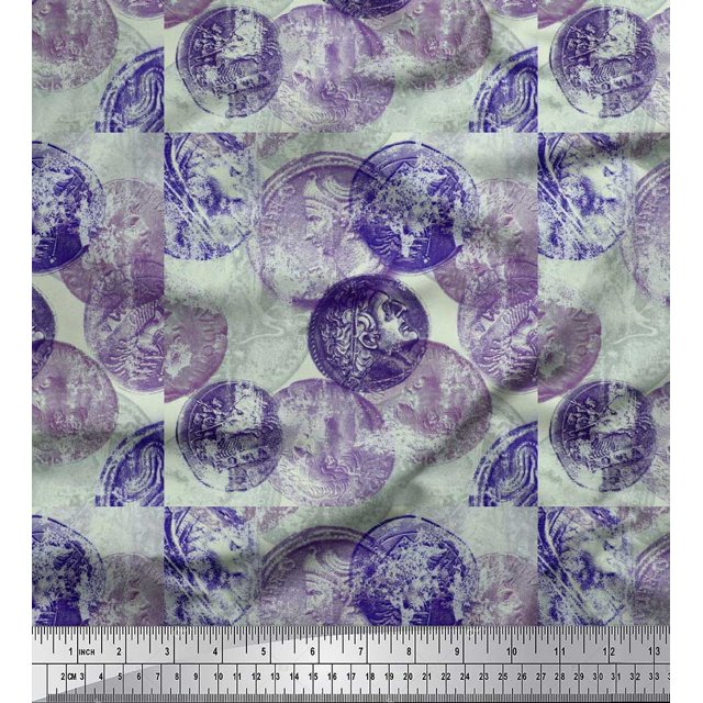 Soimoi polyester Crepe Fabric Coins Vintage Printed Craft Fabric by the Yard 52 Inch Wide