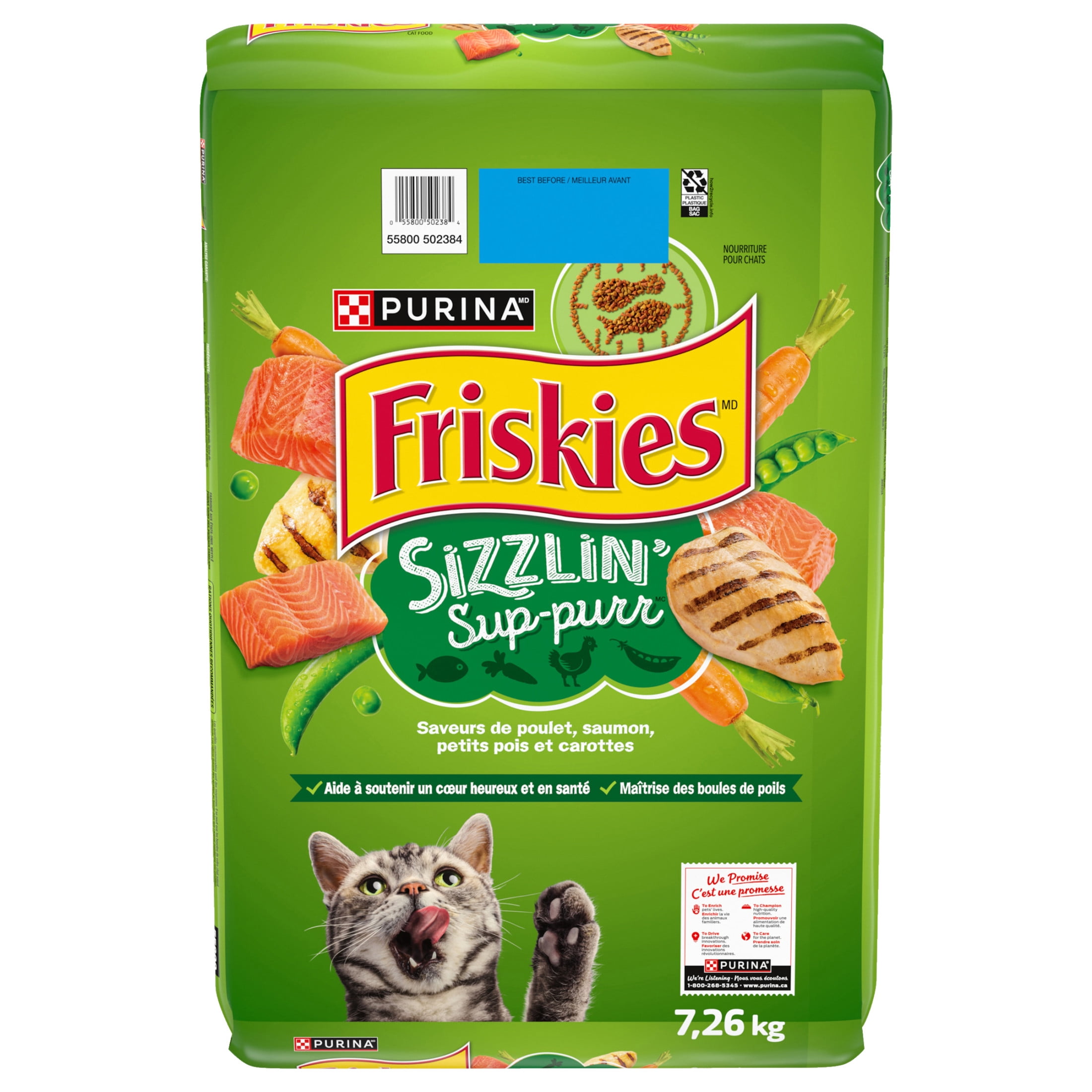 Purina Friskies Sizzlin' Sup-purr Saveurs de poulet, saumon, petits pois et carottes, Nourriture Sèche pour Chats, 7.26 kg