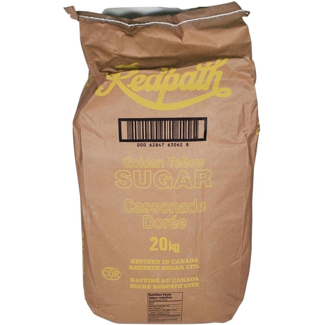 RedPath Sugar Jaune Doré, Sac de 20 kg dans un Emballage en Papier Brun avec Marque Jaune et Texte Bilingue. l'Étiquette Met en Valeur « Jaune Doré Sugar' » et Comprend un Code-Barres et des Informations Nutritionnelles. Idéal pour la Cuisson, Sucrer et Garnitures comme l'Avoine Ou les Galettes.