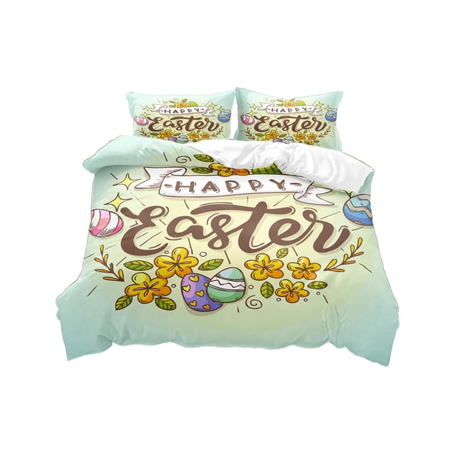 Easter Festal 3 Piece Bedding Set Cartoon Rabbits and Egg Pattern Microfiber Duvet Cover 2 Pillowcases Soft Breathable Home Decor Accents