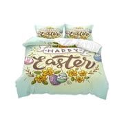 Duvet Cover Set 3-Piece Easter Cartoon Rabbits and Eggs Pattern Soft Microfiber 2 Pillowcases and 1 Duvet Cover for Bedroom