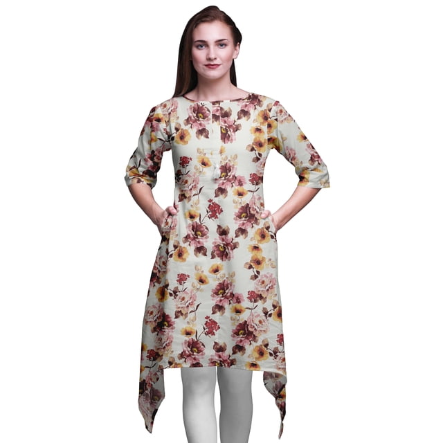 Bimba White Peony & Buttercup Floral Printed Tops For Women Asymmetric Kurti Summer Dress For Girls Medium
