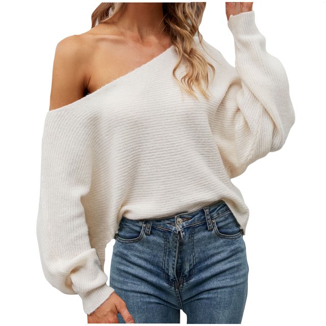 Yuyuzo Women's off Shoulder Sweater Long Batwing Sleeve Loose Pullover Ribbed Knit Solid Color Tops