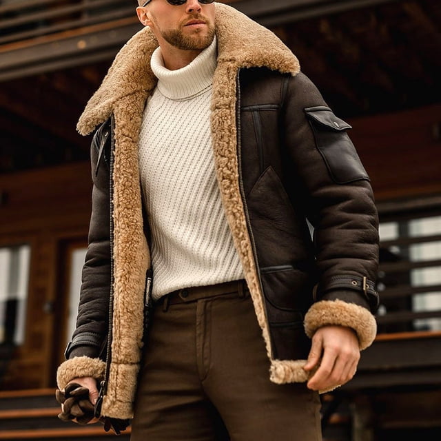 Dvkptbk Men's Fall Winter Coat Long Sleeve Furs Collar Spliced Jacket Coat Jacket Shacket Jacket