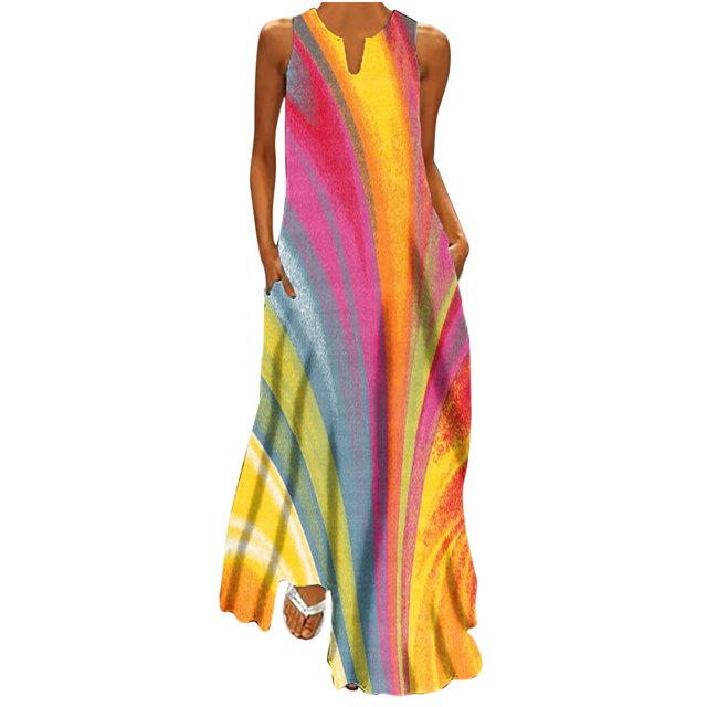 EQWLJWE Longue Robe pour Femmes Femmes Décontractée Ample Imprimée Robe Débardeur Plage Col en V avec Poche Robe d'Été Sans Manches Robes