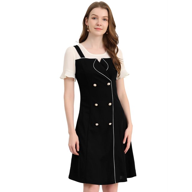 INSPIRE CHIC Robe pour Femme en Mousseline Contrastée à Manches Courtes avec Boutons Décoratifs Noir m